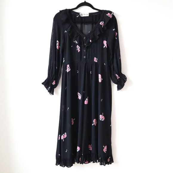 Vintage 70s Albert Nipon Black Floral Sheer Midi Dress, Size Small - Picture 1 of 16